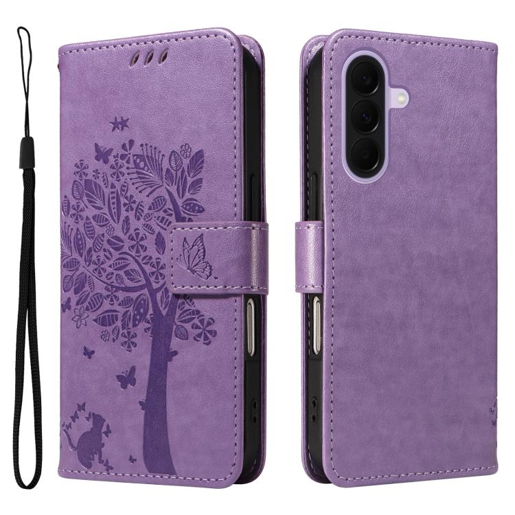 For Galaxy A27 5G Tree & Cat Embossed Pattern Flip Leather Phone Case