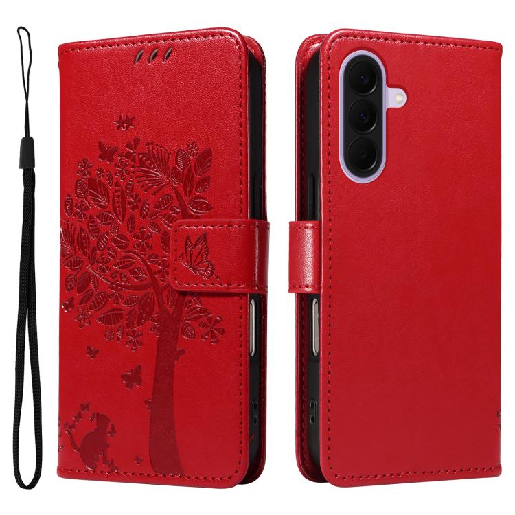 For Galaxy A27 5G Tree & Cat Embossed Pattern Flip Leather Phone Case