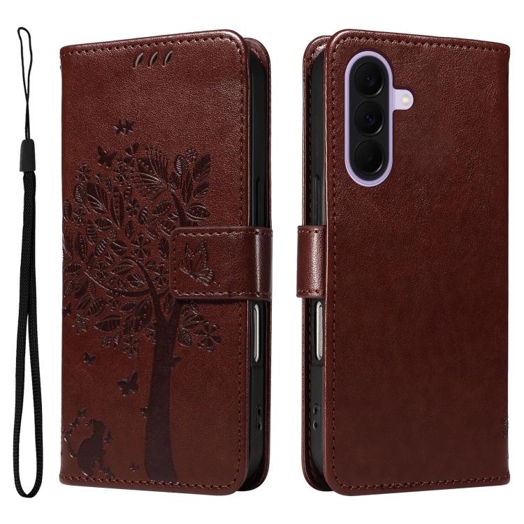 For Galaxy A27 5G Tree & Cat Embossed Pattern Flip Leather Phone Case