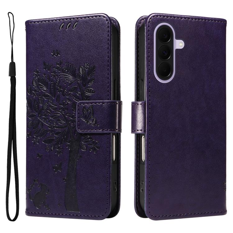 For Galaxy A27 5G Tree & Cat Embossed Pattern Flip Leather Phone Case