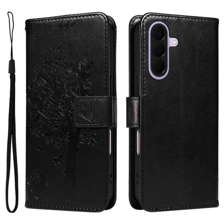For Galaxy A27 5G Tree & Cat Embossed Pattern Flip Leather Phone Case