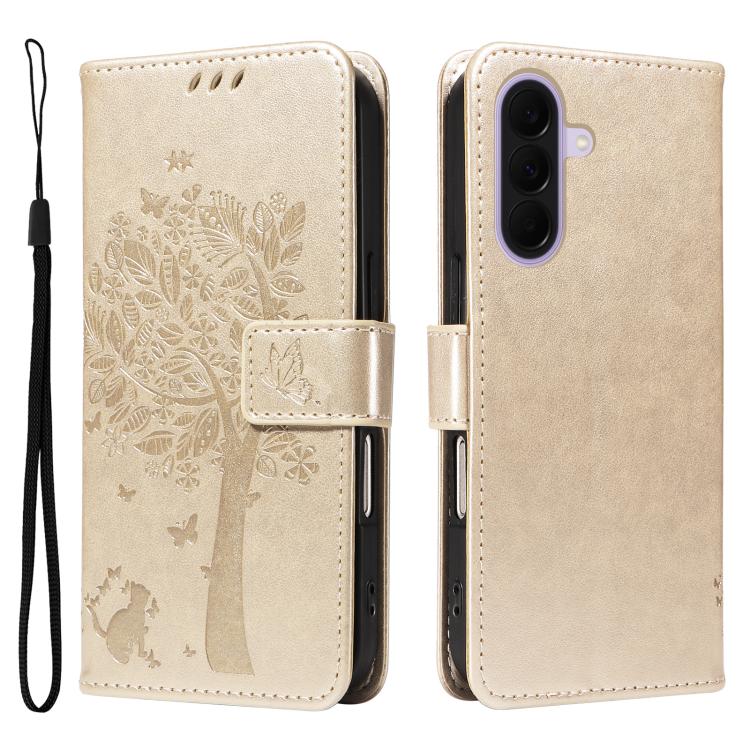 For Galaxy A27 5G Tree & Cat Embossed Pattern Flip Leather Phone Case