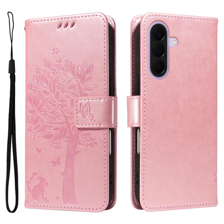 For Galaxy A27 5G Tree & Cat Embossed Pattern Flip Leather Phone Case