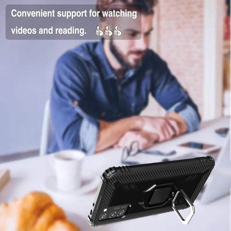 For Huawei Honor X10 Carbon Fiber Protective Case with 360 Degree Rotating Ring Holder