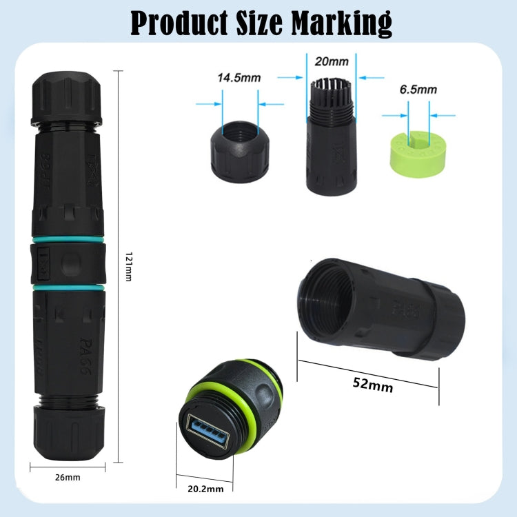 M20 5Gpbs USB3.0 Outdoor IP68 Waterproof Connector - Black