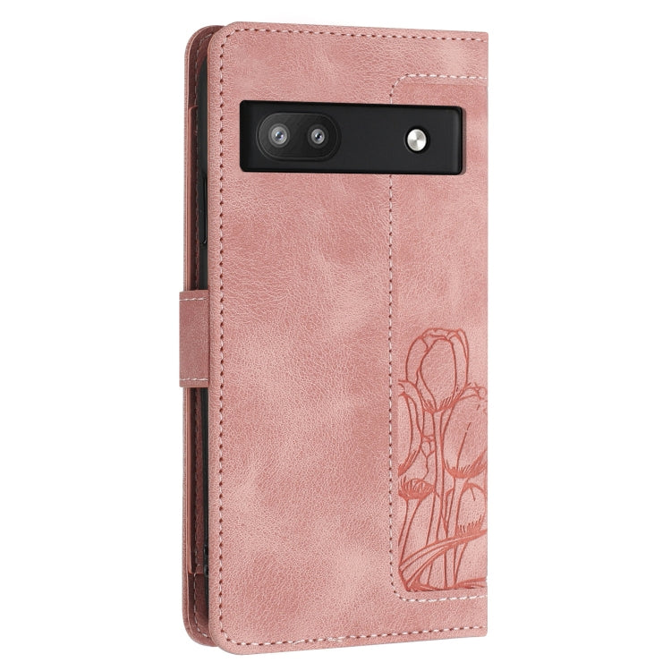 For Google Pixel 6a Tulips Embossed Leather Phone Case with Lanyard