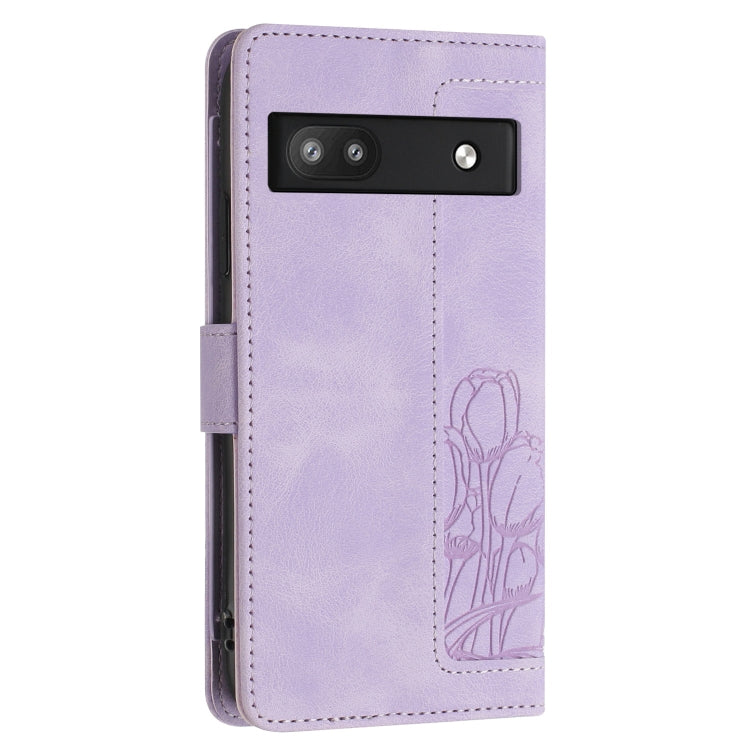 For Google Pixel 6a Tulips Embossed Leather Phone Case with Lanyard