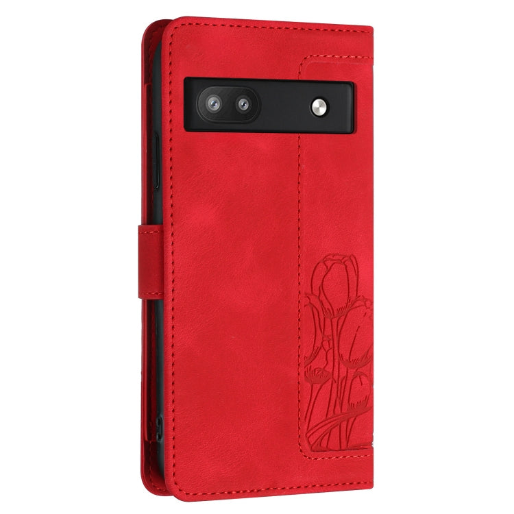 For Google Pixel 6a Tulips Embossed Leather Phone Case with Lanyard
