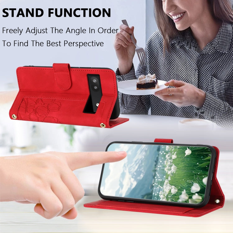 For Google Pixel 6a Tulips Embossed Leather Phone Case with Lanyard