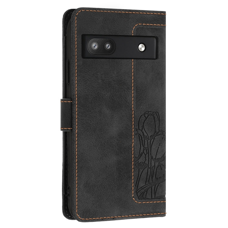 For Google Pixel 6a Tulips Embossed Leather Phone Case with Lanyard