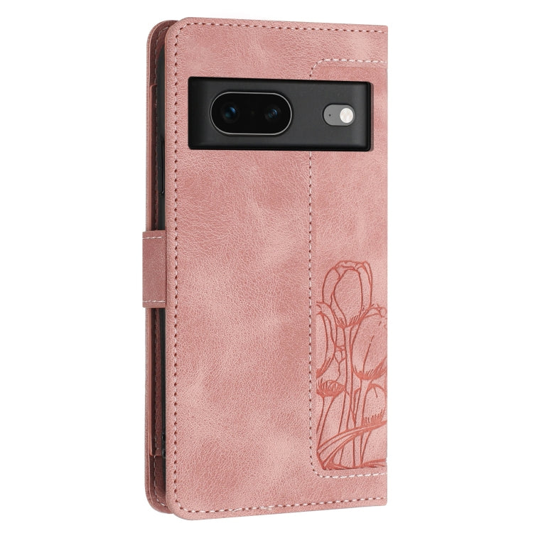 For Google Pixel 7 Tulips Embossed Leather Phone Case with Lanyard