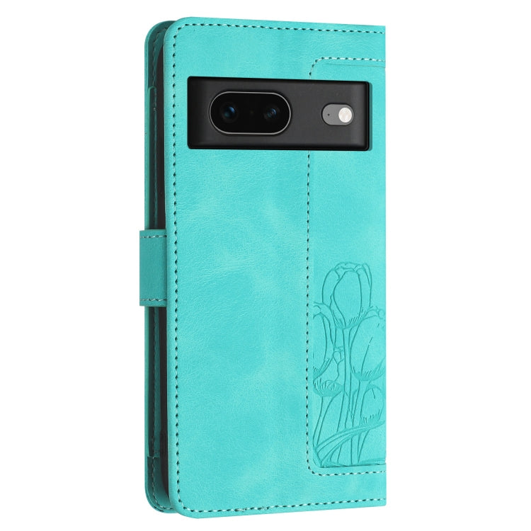 For Google Pixel 7 Tulips Embossed Leather Phone Case with Lanyard