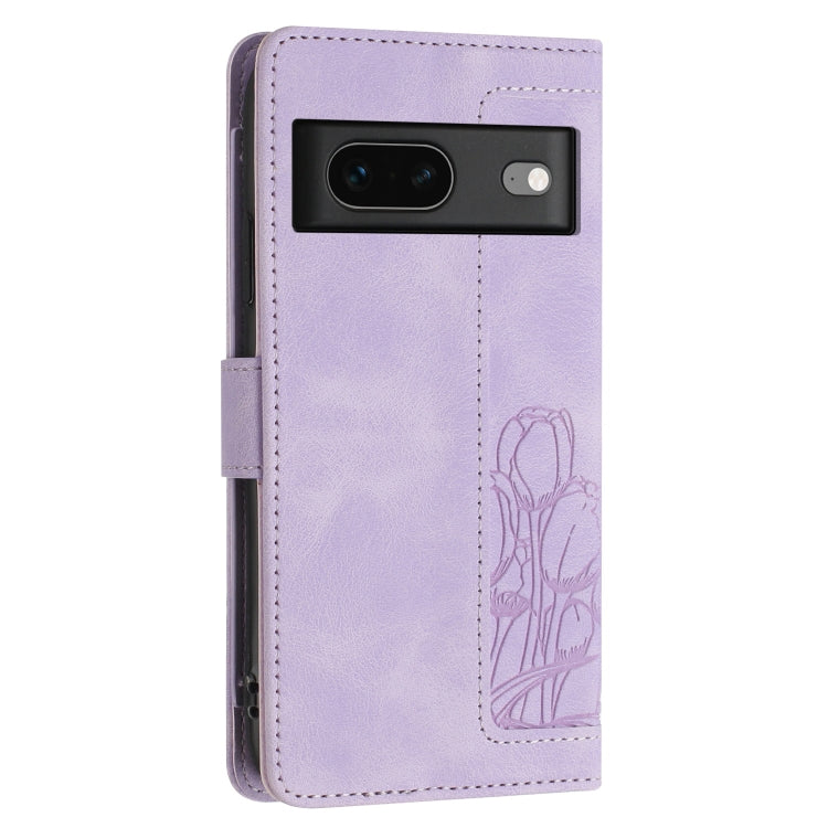 For Google Pixel 7 Tulips Embossed Leather Phone Case with Lanyard