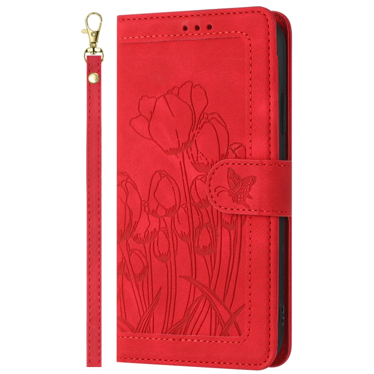 For Google Pixel 7 Tulips Embossed Leather Phone Case with Lanyard