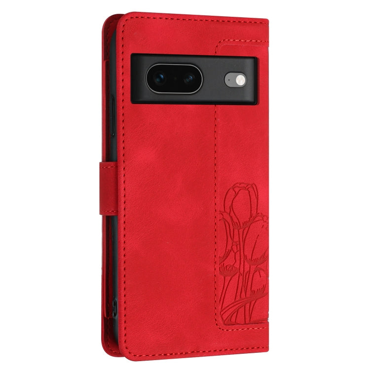 For Google Pixel 7 Tulips Embossed Leather Phone Case with Lanyard