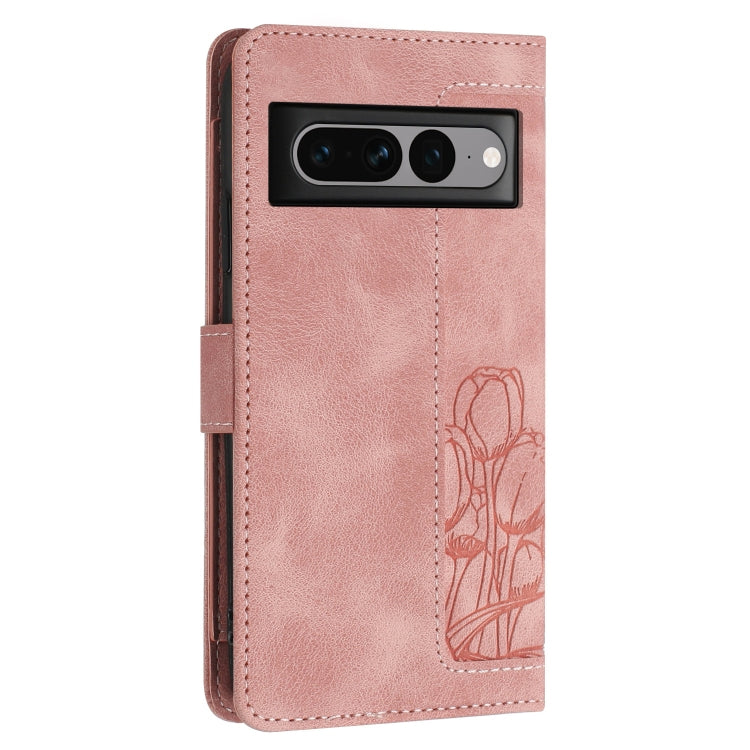 For Google Pixel 7 Pro Tulips Embossed Leather Phone Case with Lanyard