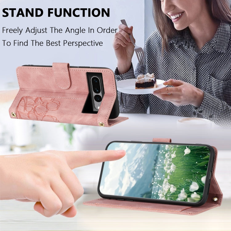 For Google Pixel 7 Pro Tulips Embossed Leather Phone Case with Lanyard