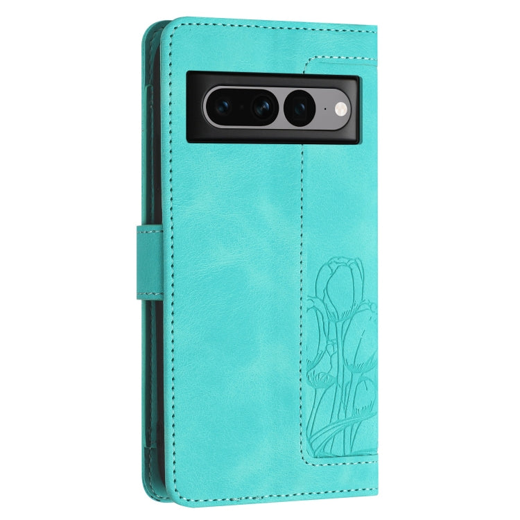 For Google Pixel 7 Pro Tulips Embossed Leather Phone Case with Lanyard