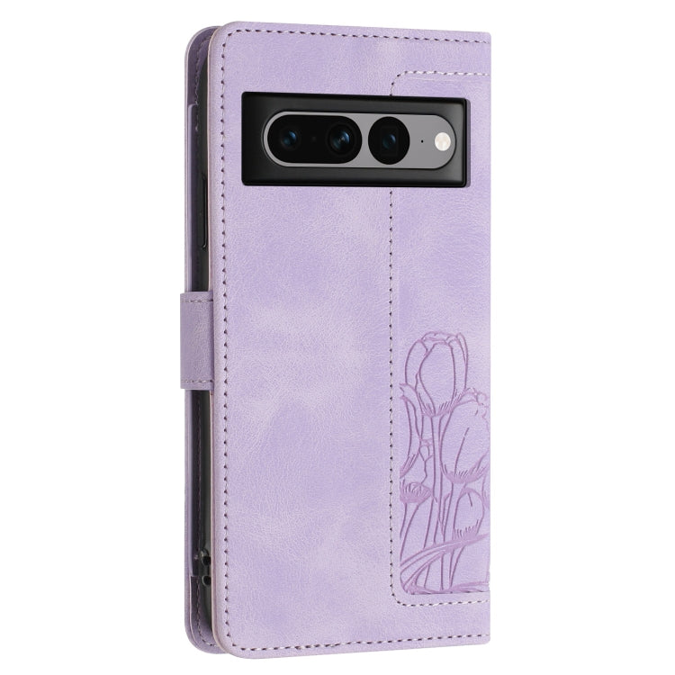 For Google Pixel 7 Pro Tulips Embossed Leather Phone Case with Lanyard
