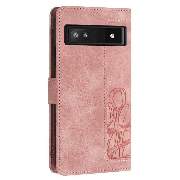 For Google Pixel 7a Tulips Embossed Leather Phone Case with Lanyard