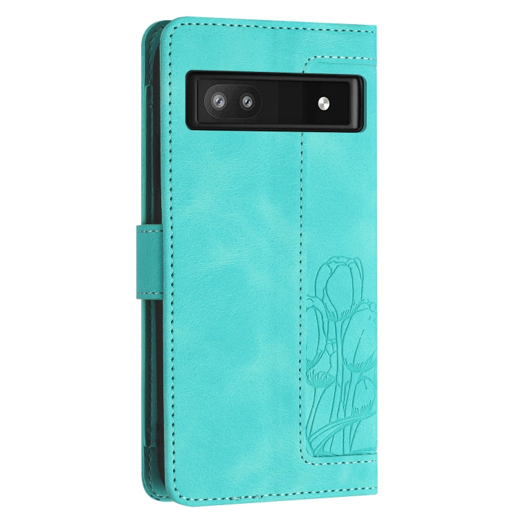 For Google Pixel 7a Tulips Embossed Leather Phone Case with Lanyard