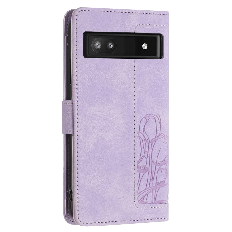 For Google Pixel 7a Tulips Embossed Leather Phone Case with Lanyard