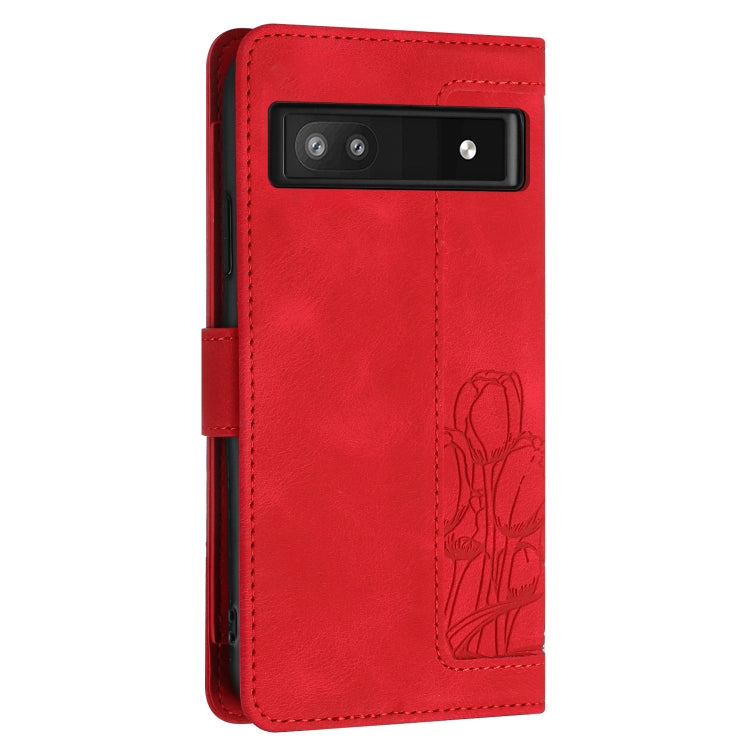 For Google Pixel 7a Tulips Embossed Leather Phone Case with Lanyard