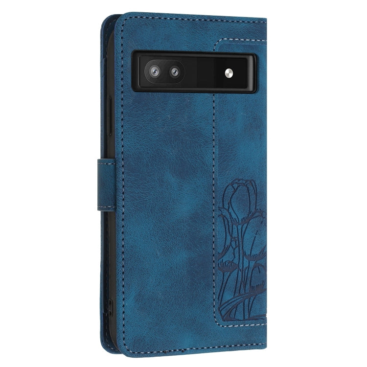 For Google Pixel 7a Tulips Embossed Leather Phone Case with Lanyard