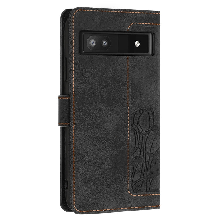 For Google Pixel 7a Tulips Embossed Leather Phone Case with Lanyard