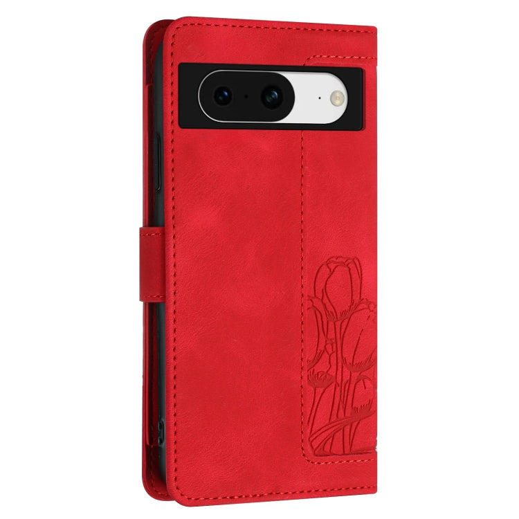 For Google Pixel 8 Tulips Embossed Leather Phone Case with Lanyard