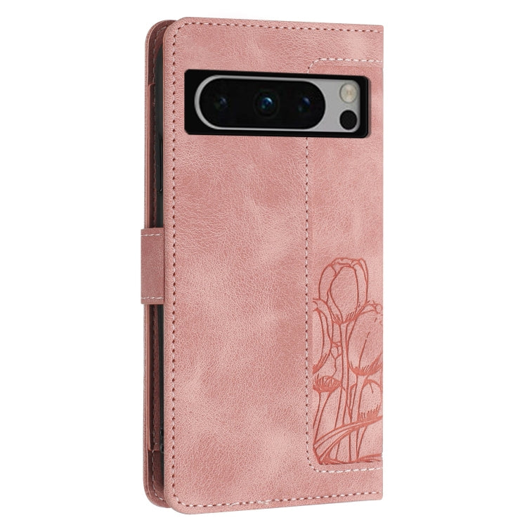For Google Pixel 8 Pro Tulips Embossed Leather Phone Case with Lanyard