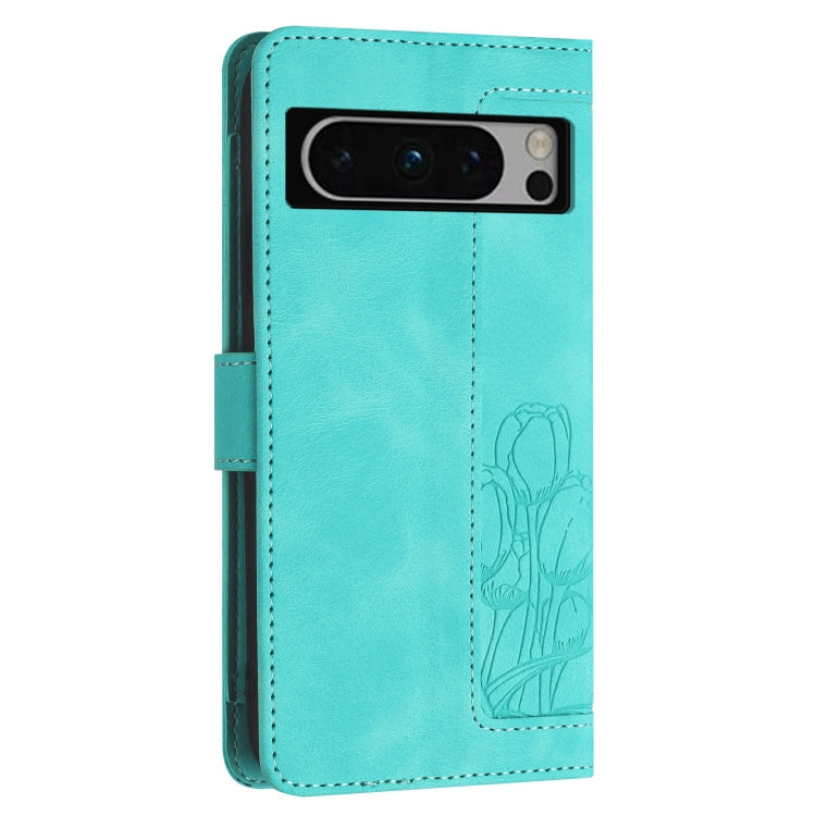 For Google Pixel 8 Pro Tulips Embossed Leather Phone Case with Lanyard