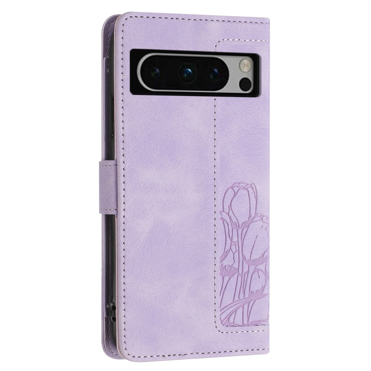 For Google Pixel 8 Pro Tulips Embossed Leather Phone Case with Lanyard