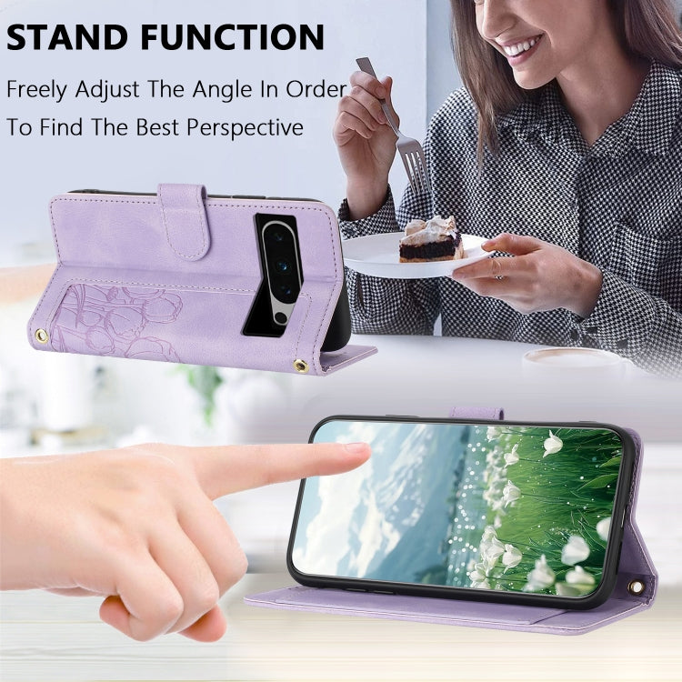 For Google Pixel 8 Pro Tulips Embossed Leather Phone Case with Lanyard