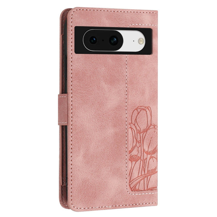 For Google Pixel 8a Tulips Embossed Leather Phone Case with Lanyard