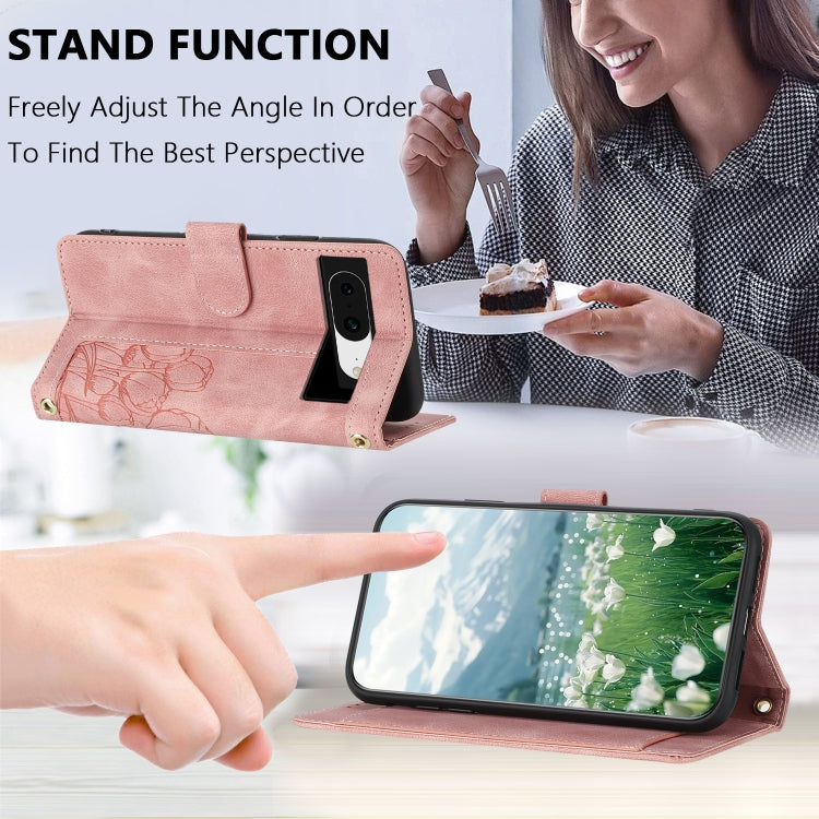 For Google Pixel 8a Tulips Embossed Leather Phone Case with Lanyard