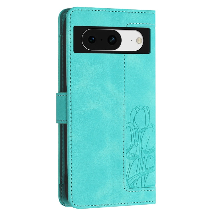 For Google Pixel 8a Tulips Embossed Leather Phone Case with Lanyard
