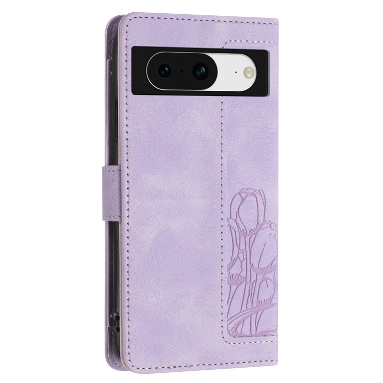 For Google Pixel 8a Tulips Embossed Leather Phone Case with Lanyard
