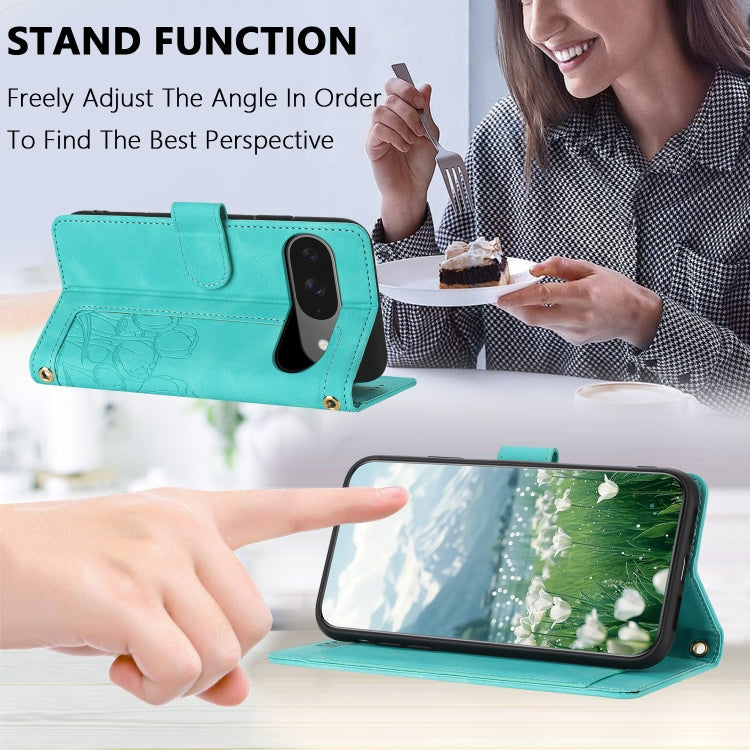For Google Pixel 9 / 9 Pro Tulips Embossed Leather Phone Case with Lanyard