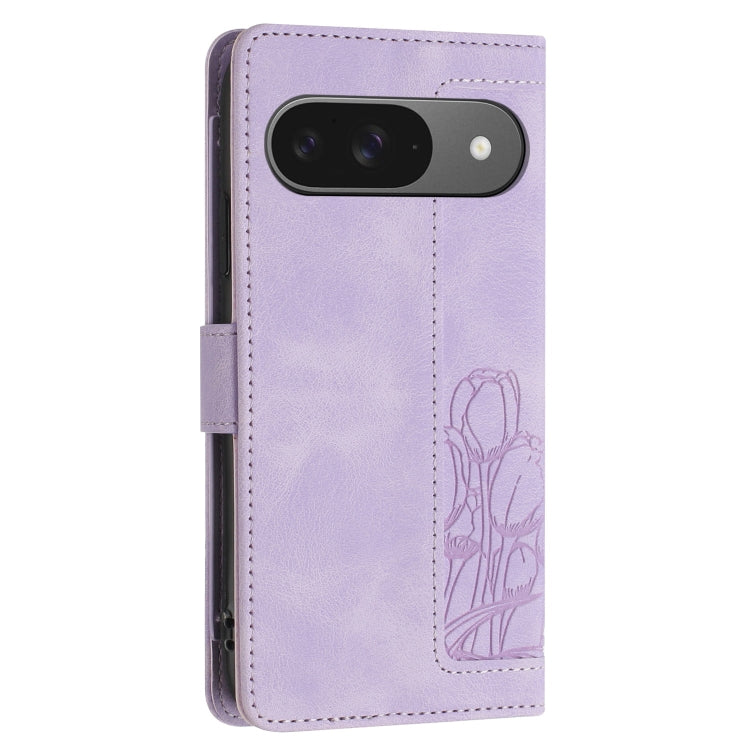 For Google Pixel 9 / 9 Pro Tulips Embossed Leather Phone Case with Lanyard