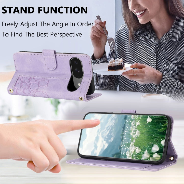 For Google Pixel 9 / 9 Pro Tulips Embossed Leather Phone Case with Lanyard