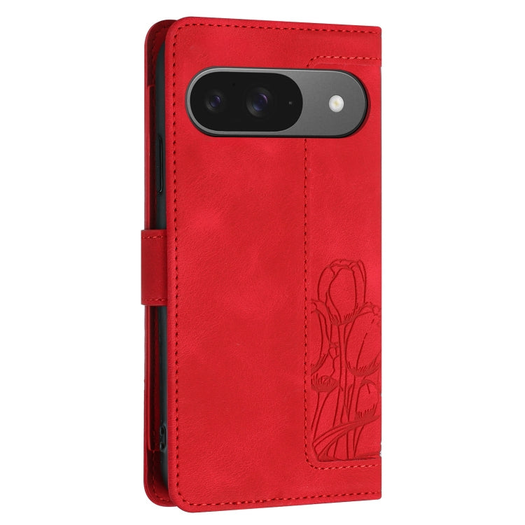 For Google Pixel 9 / 9 Pro Tulips Embossed Leather Phone Case with Lanyard