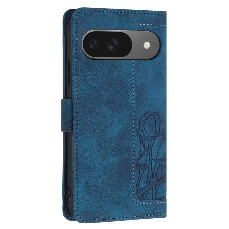 For Google Pixel 9 / 9 Pro Tulips Embossed Leather Phone Case with Lanyard