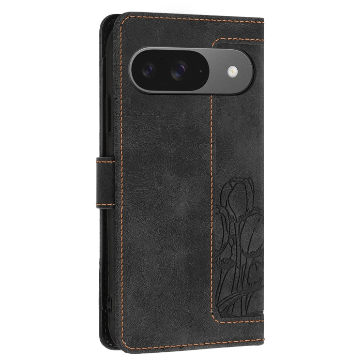 For Google Pixel 9 / 9 Pro Tulips Embossed Leather Phone Case with Lanyard
