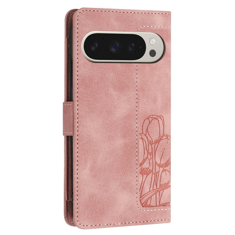 For Google Pixel 9 Pro XL Tulips Embossed Leather Phone Case with Lanyard