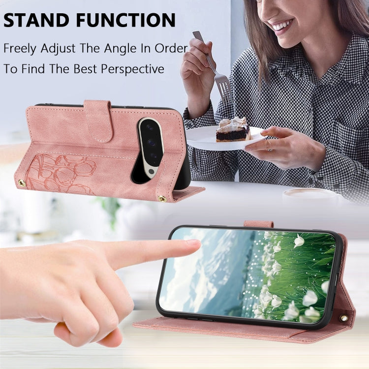 For Google Pixel 9 Pro XL Tulips Embossed Leather Phone Case with Lanyard