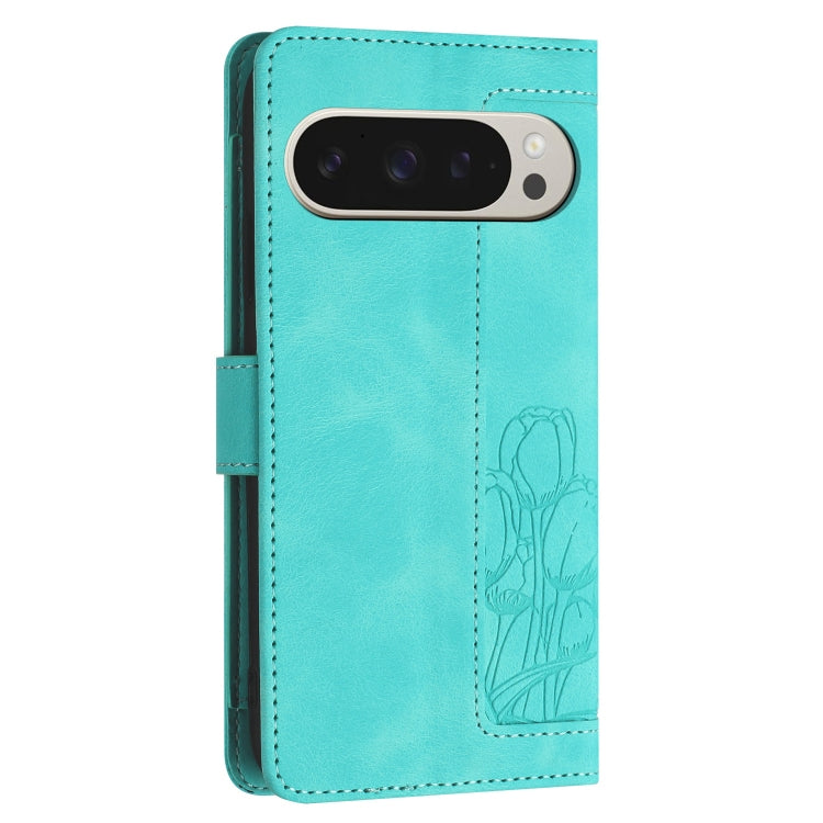 For Google Pixel 9 Pro XL Tulips Embossed Leather Phone Case with Lanyard