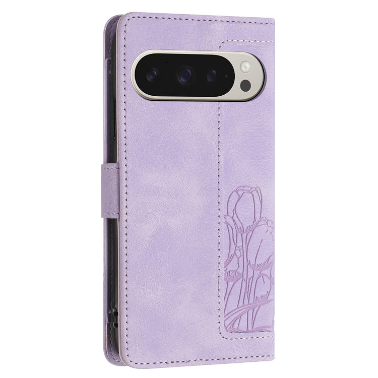 For Google Pixel 9 Pro XL Tulips Embossed Leather Phone Case with Lanyard