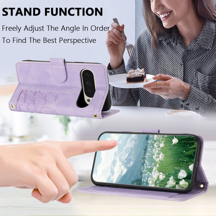 For Google Pixel 9 Pro XL Tulips Embossed Leather Phone Case with Lanyard