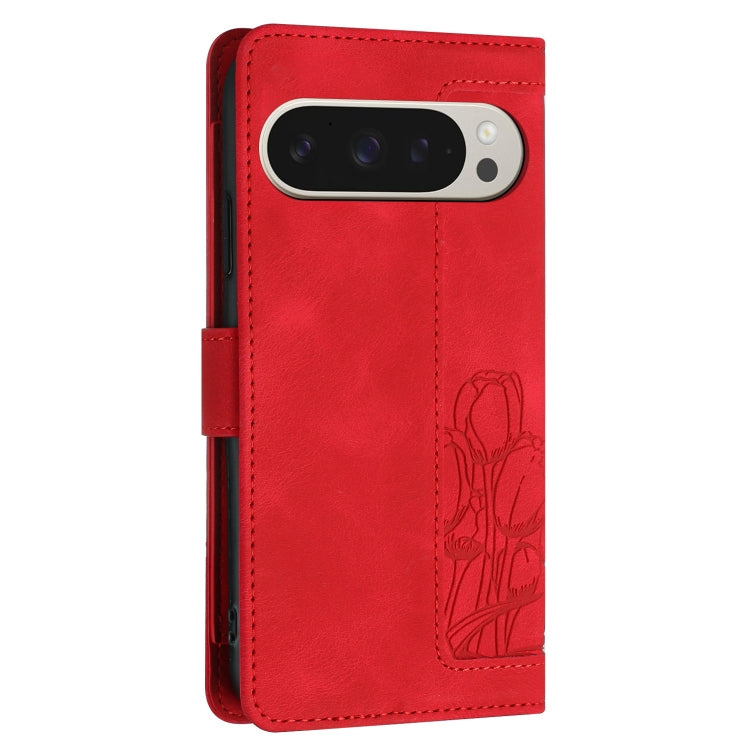 For Google Pixel 9 Pro XL Tulips Embossed Leather Phone Case with Lanyard